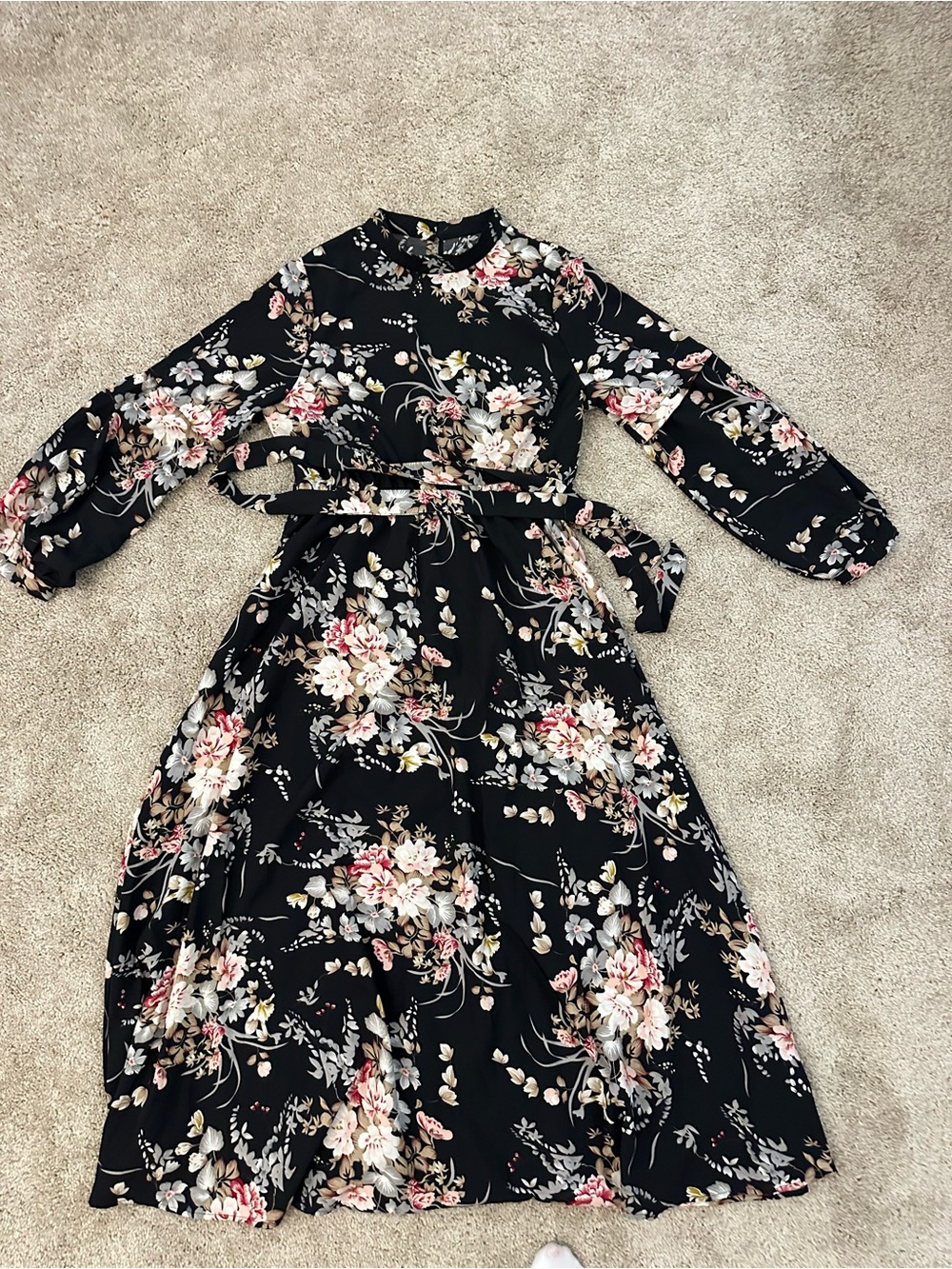 Floral Long Sleeve Midi Dress - Black with Pink & Cream Flowers